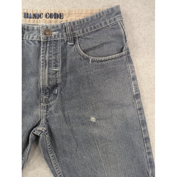 Basic Code Jeans Mens 36x32 Blue Denim Straight Leg Distressed Frayed Hem BSCD - Picture 3 of 14